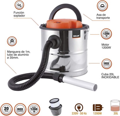 Bikain Di1200inox - Aspirador de Cenizas (1200 W, 20 L, Cuba Inoxidable) Color Plata 